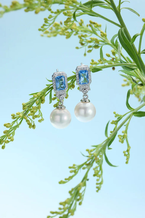 Clear Blue Zirconia Pearl Earrings - Gold vermeil / Sterling Silver